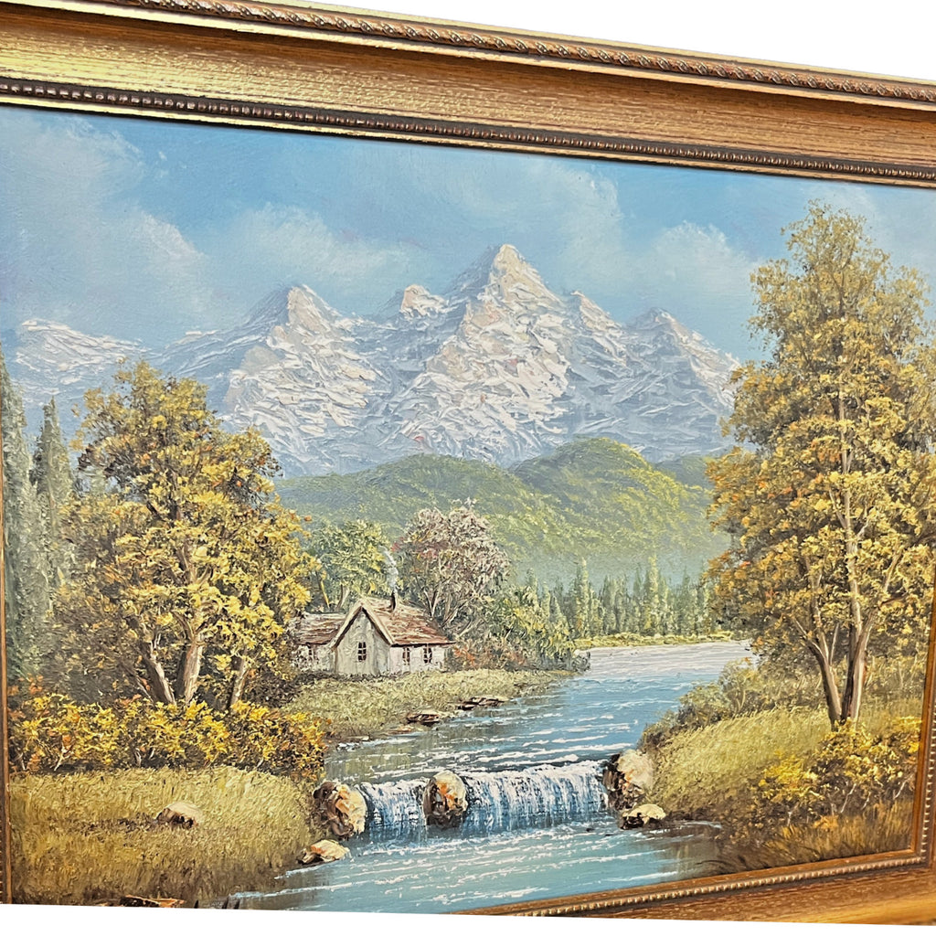 Vintage Oil Painting Mountain Landscape Signed Campbell Gold Gilt Frame 47x37cm