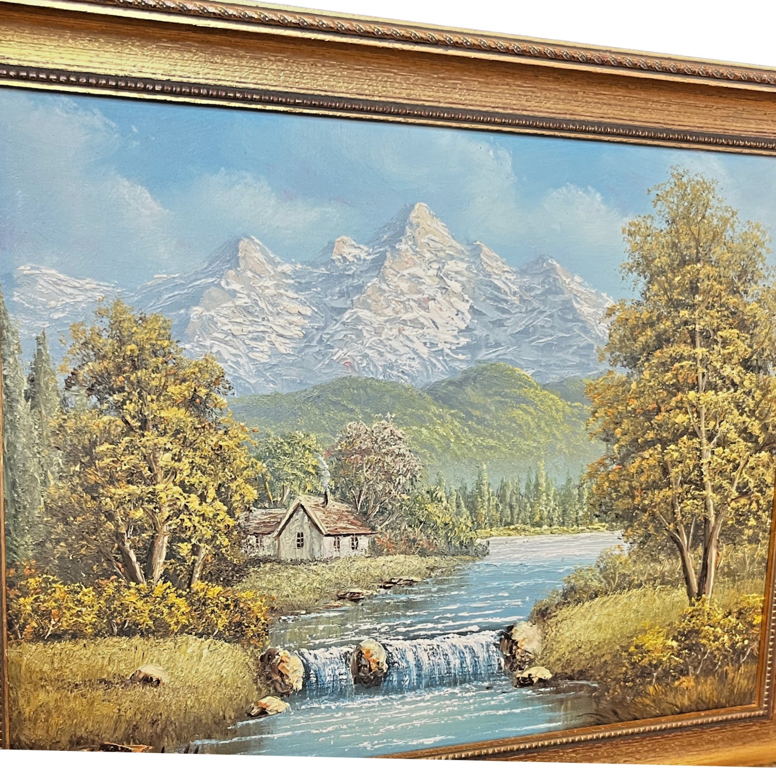 Vintage Oil Painting Mountain Landscape Signed Campbell Gold Gilt Frame 47x37cm