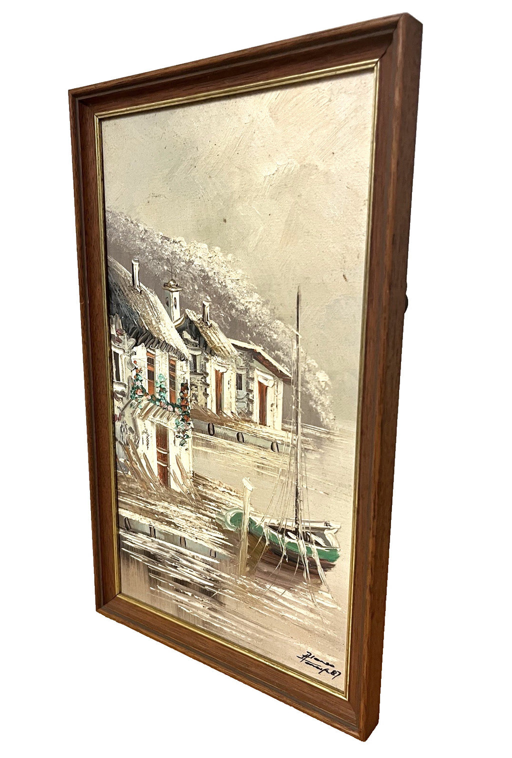 Signed Alonso ’87 Oil Painting Seaside Village Boat Scene Framed 22×36cm