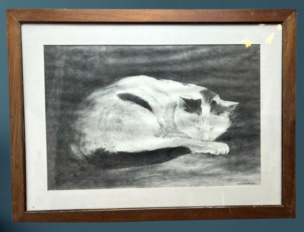 Derek Bradbury Signed Charcoal Drawing “Sleeping Cat” – Framed Original