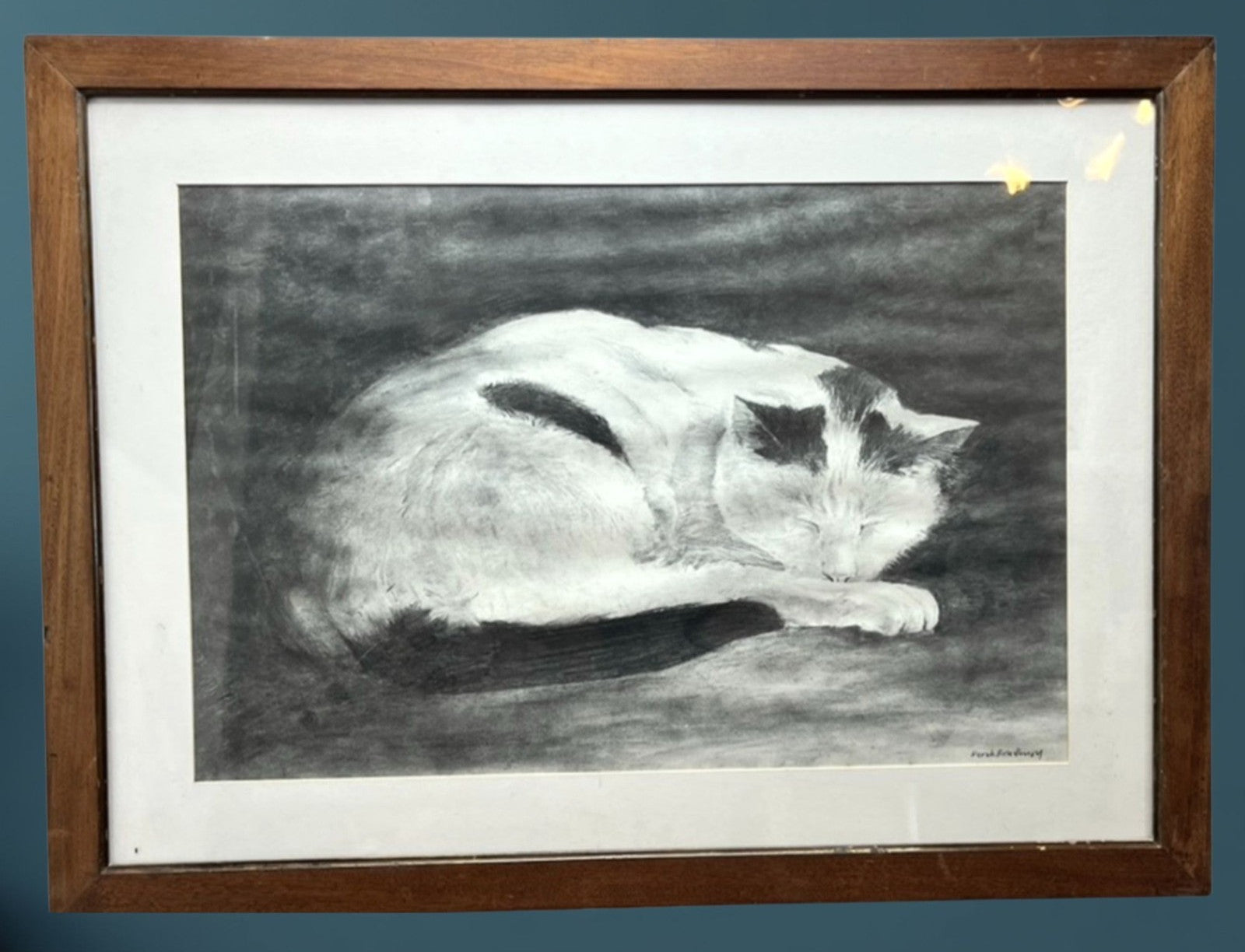 Derek Bradbury Signed Charcoal Drawing “Sleeping Cat” – Framed Original