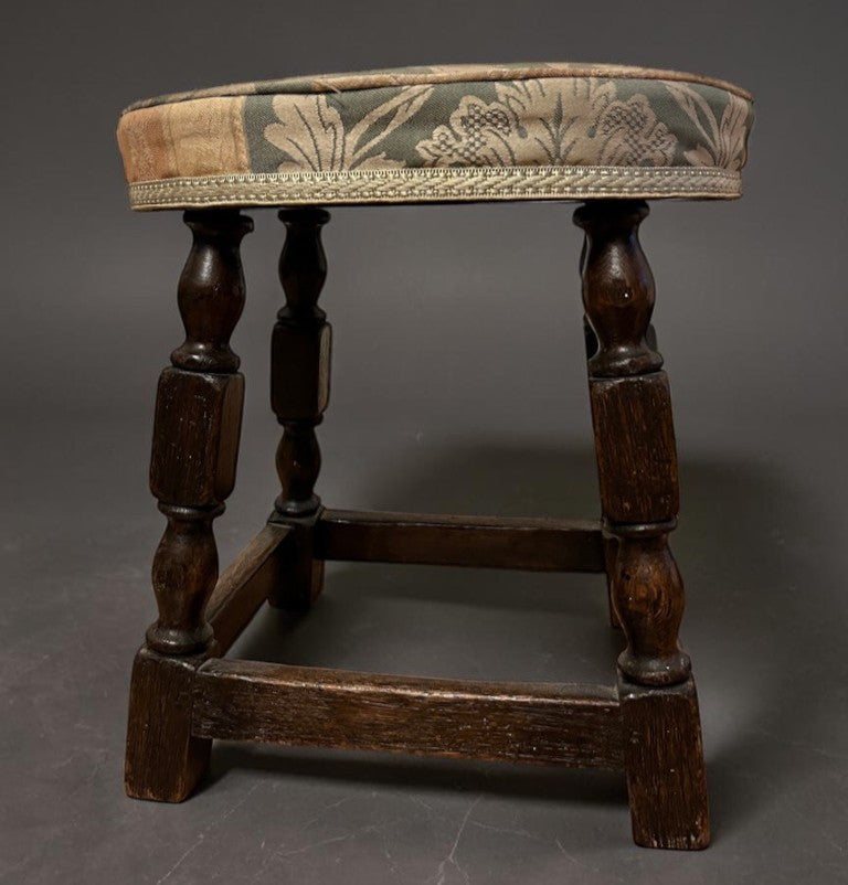 Vintage Oak Stool Rustic Wooden Footstool Turned Legs Aged Patina