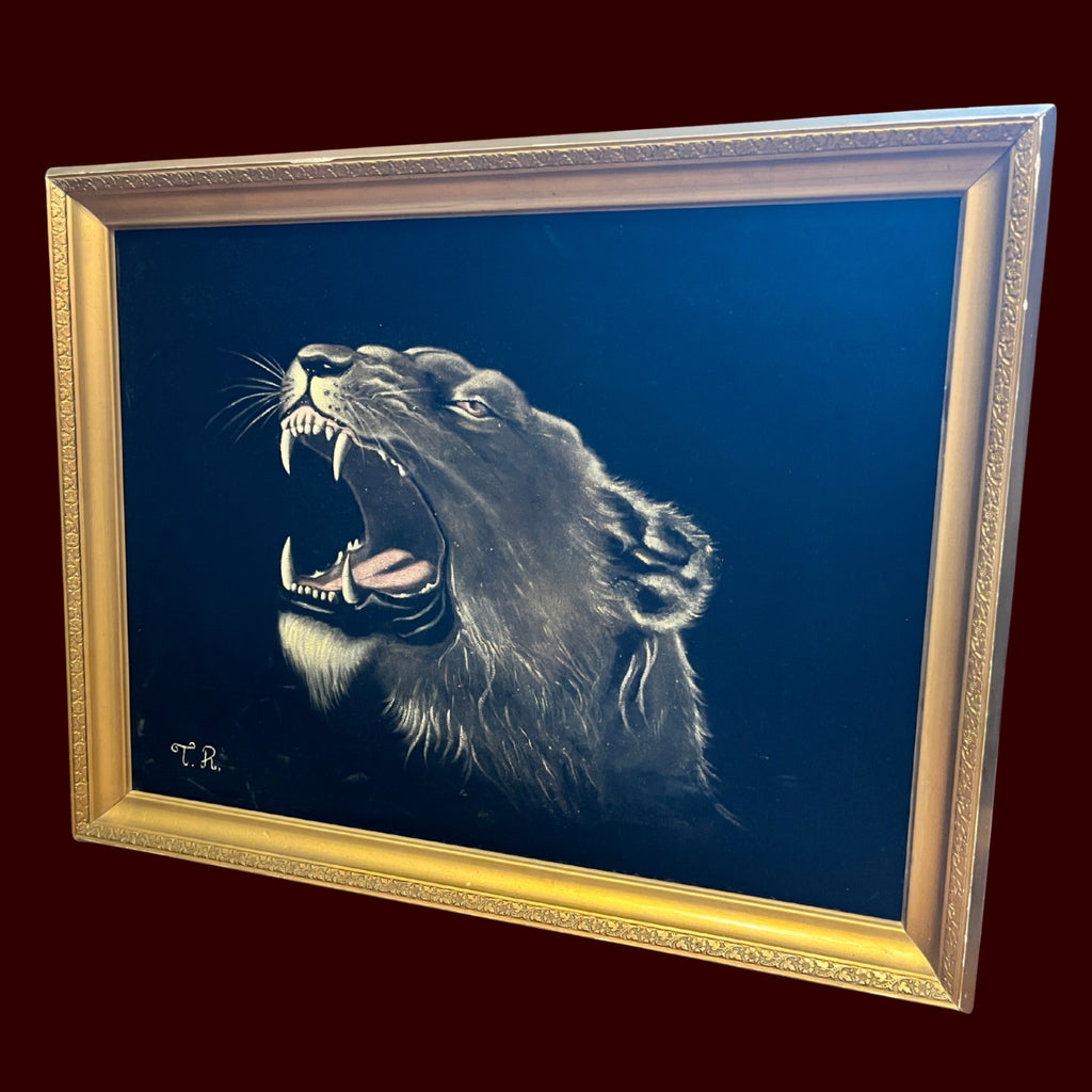 Fantastic vintage black velvet lioness painting bold retro 1970 lounge aesthetic