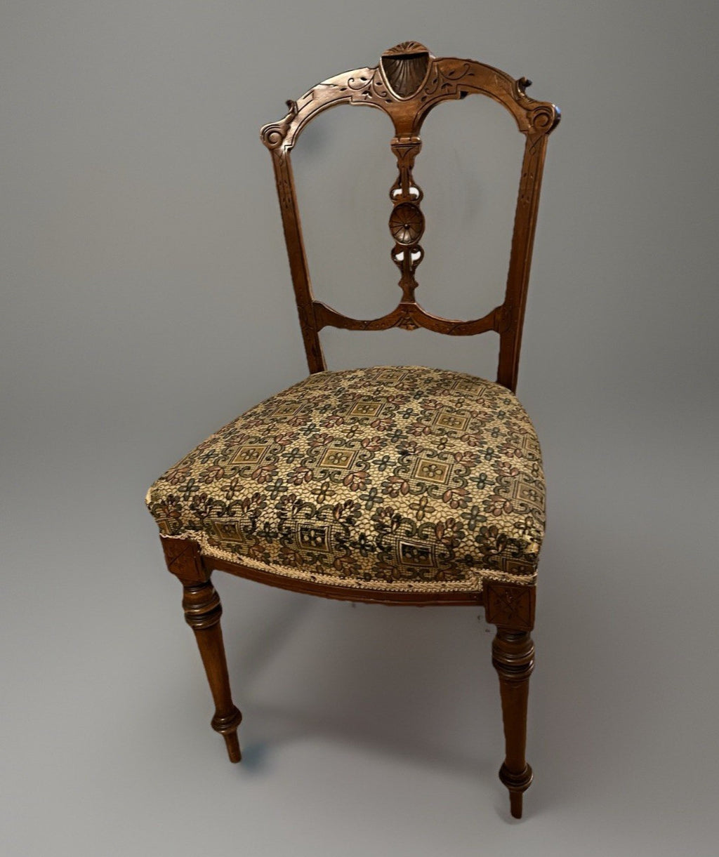 Antique Edwardian Carved Wooden Dining Chair – Upholstered Seat Side Chair