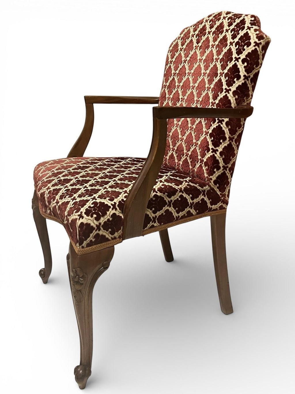 Antique Upholstered Armchair 93cm High 57cm Wide Red Pattern Fabric Wooden Frame