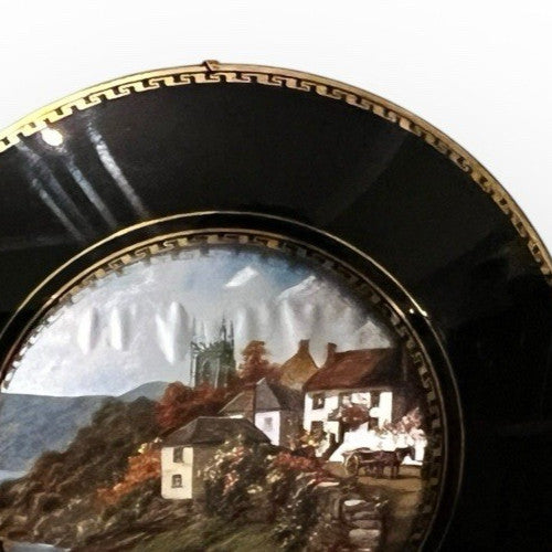 Vintage Set of 9 Wall Plaques Black Gold Nature & Coastal Village Scenes Round