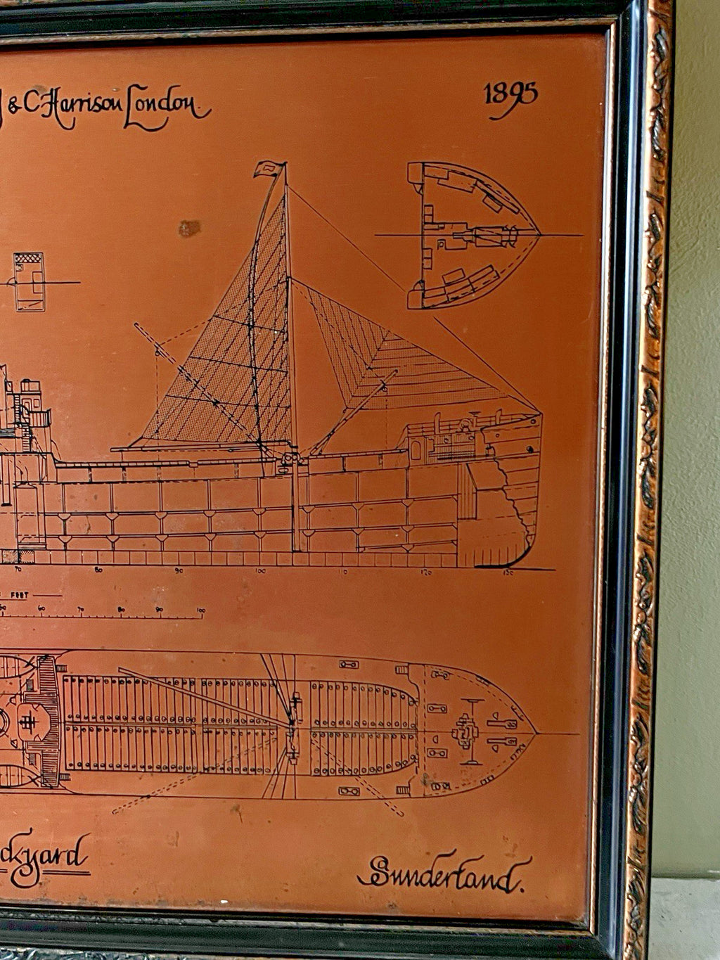 Antique Copper Engraving Ship Plan “S.S. Harbury” Wear Dockyard 1895