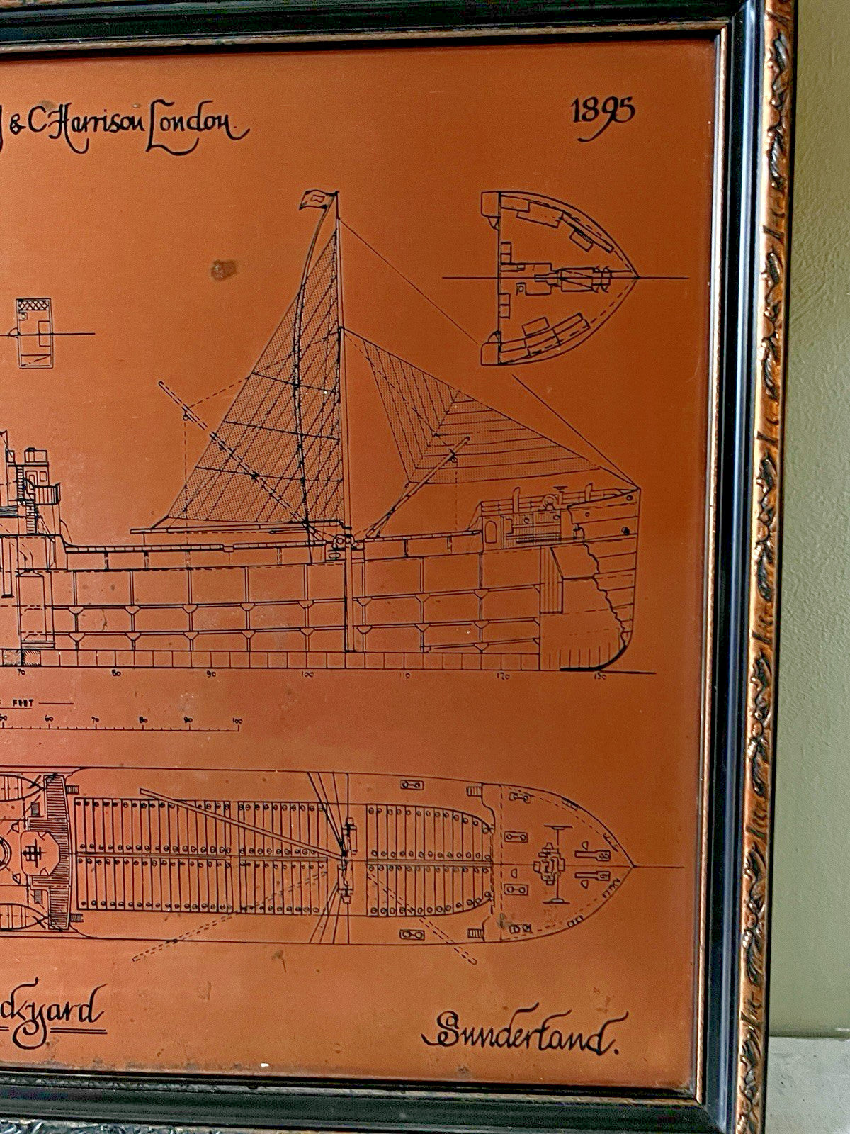 Antique Copper Engraving Ship Plan “S.S. Harbury” Wear Dockyard 1895