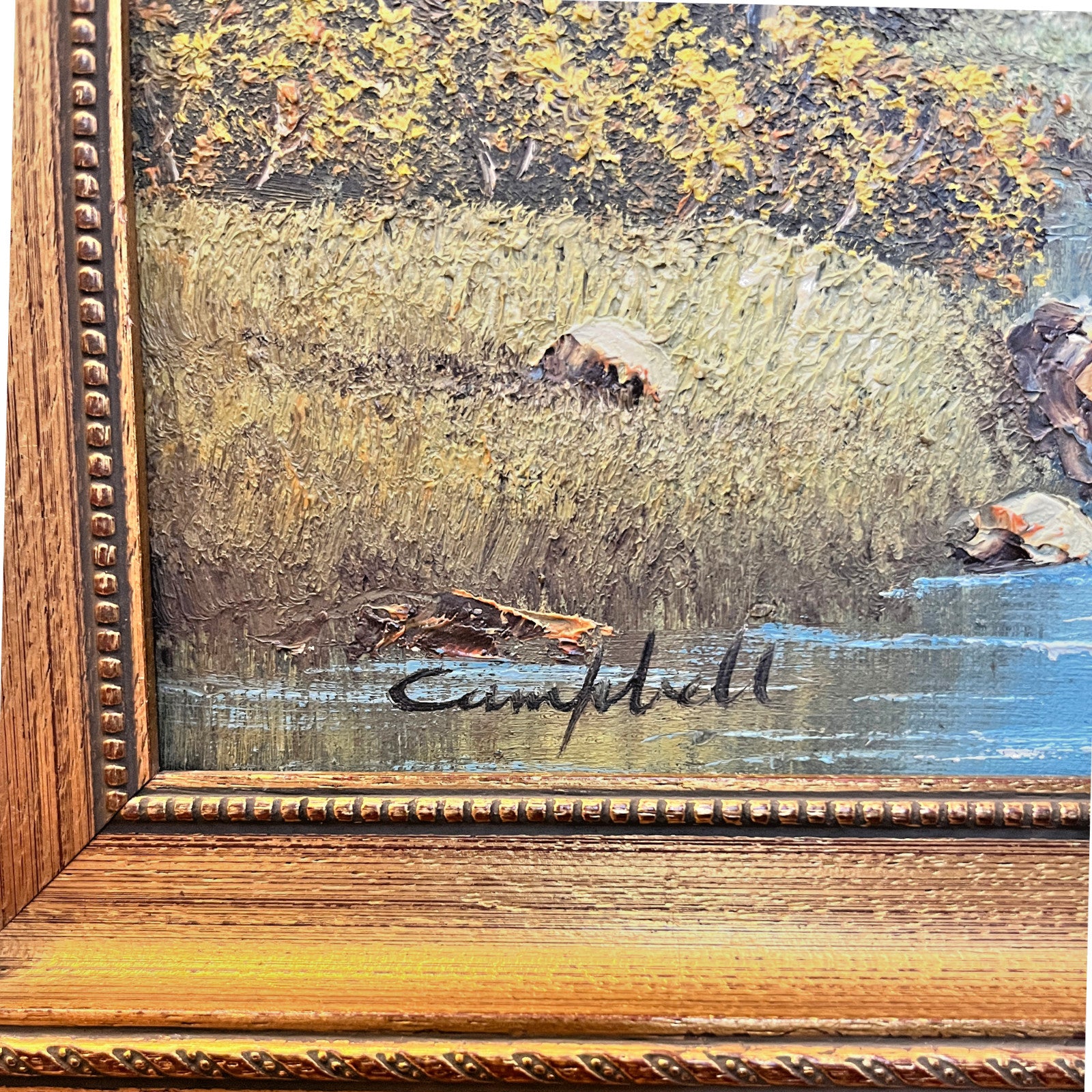Vintage Oil Painting Mountain Landscape Signed Campbell Gold Gilt Frame 47x37cm