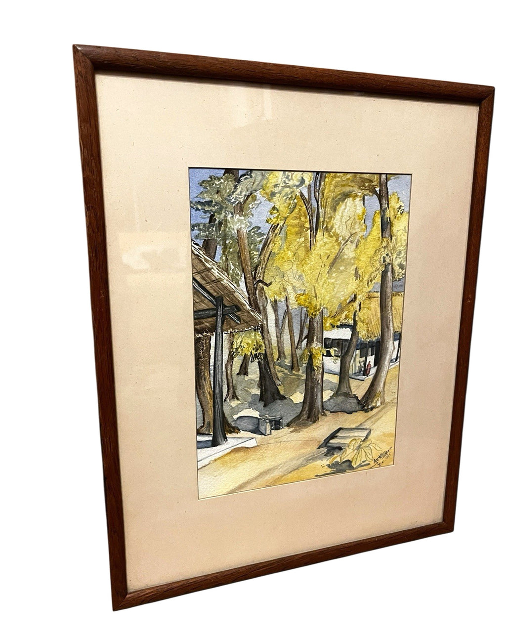 Vintage 1945 Signed Watercolour Landscape – Framed Tree & Village Scene Wall Art