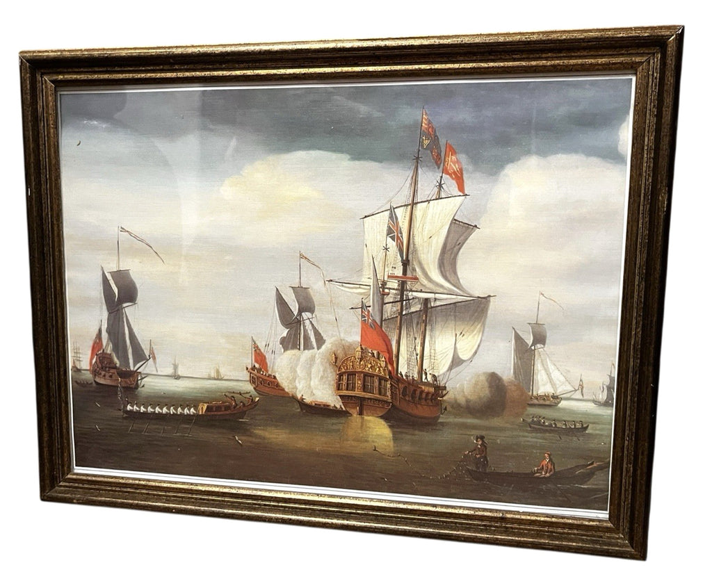 Vintage Maritime Battle Scene Print Framed Naval Ships 42x32cm Tall Ships