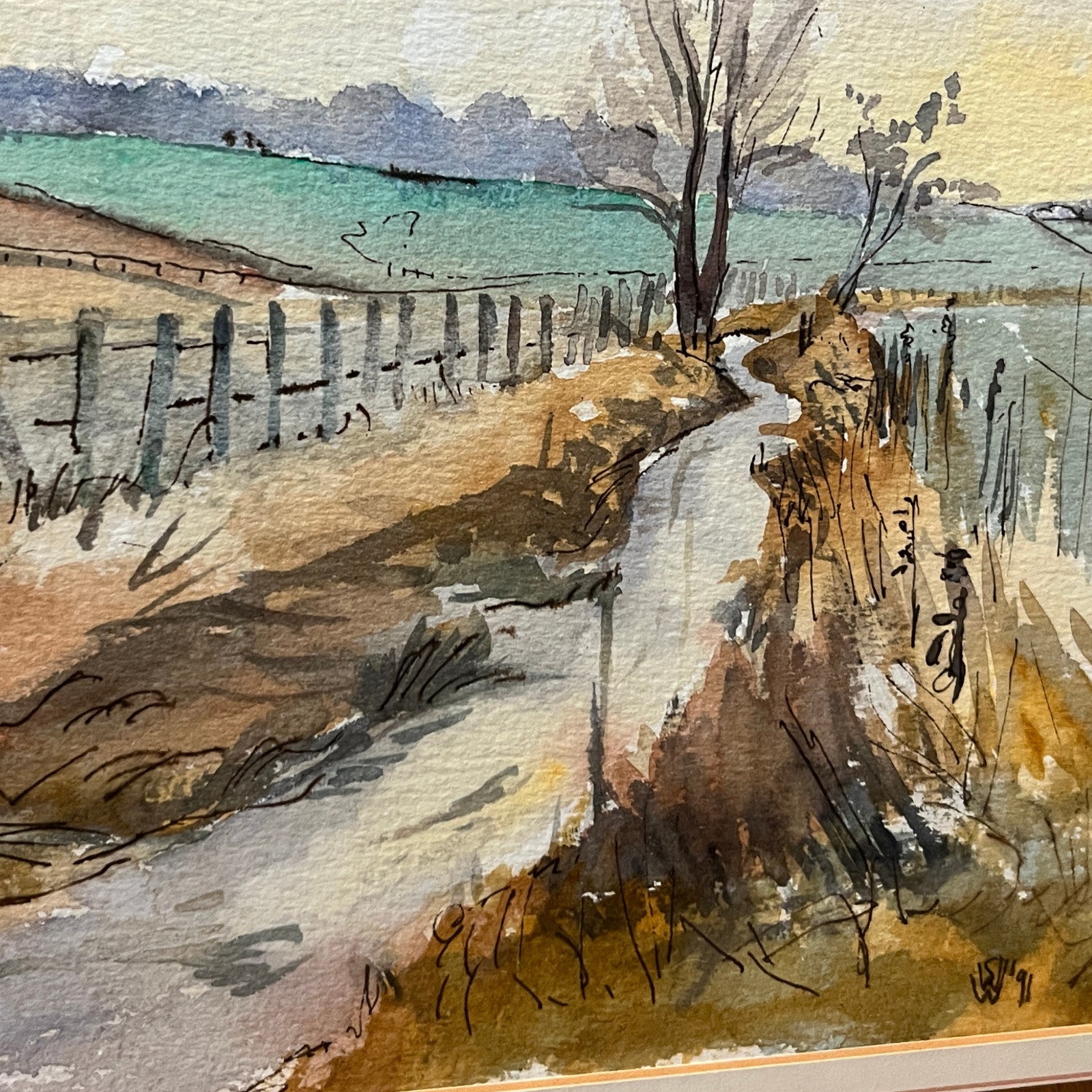 Original Watercolour Landscape Painting Framed Rural Country Lane Signed 1991