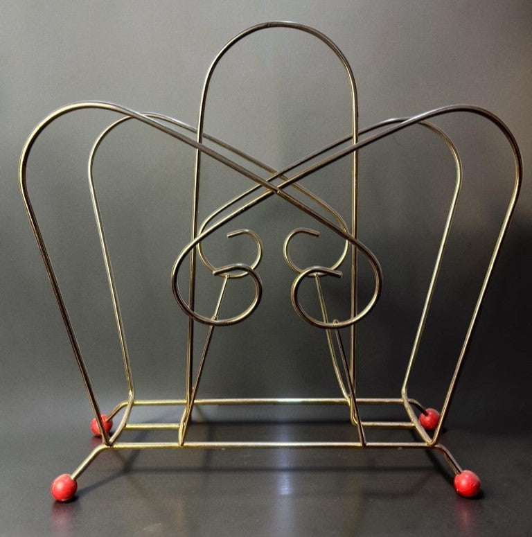Atomic Wire Magazine Rack Mid Century Metal Record Holder with Red Ball Feet