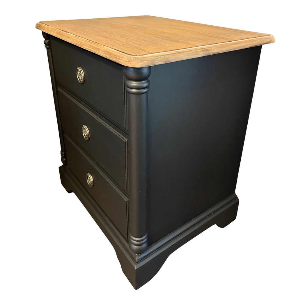 Refinished Black Bedside Tables Pair Vintage Nightstands Wood Top 3 Drawer Cabin