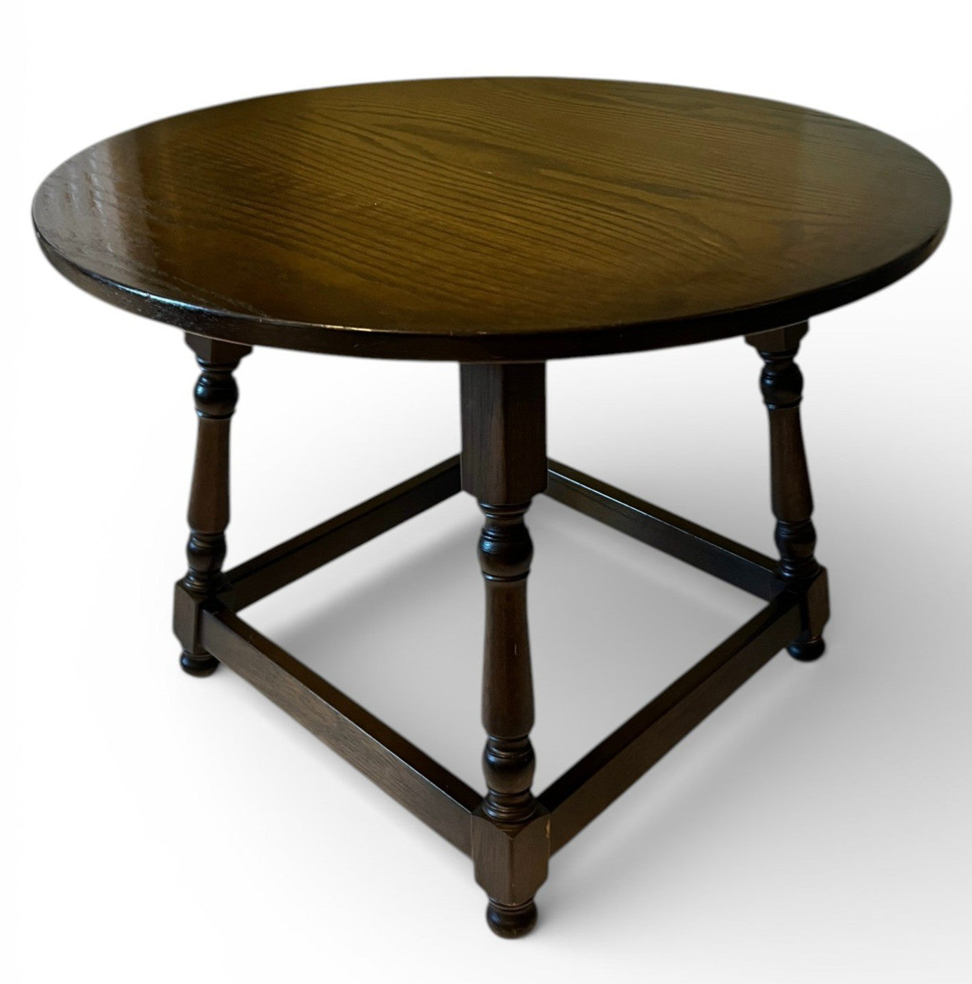 Round Wooden Side Table 66cm Diameter 49cm Height Dark Brown Turned Leg Vintage