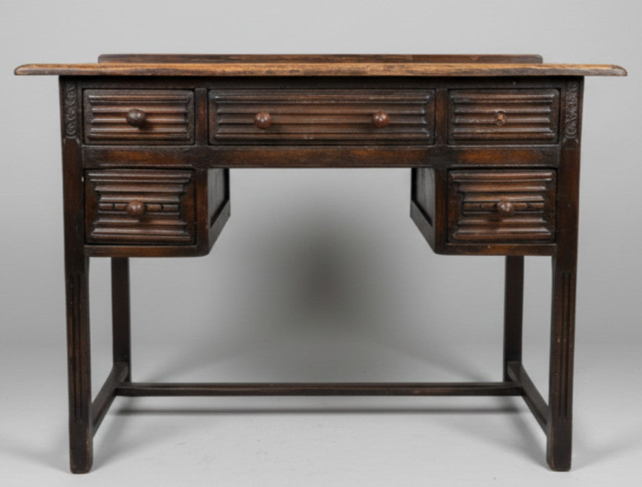 Vintage 1930s Solid Wood Desk 5 Drawer Console Table Carved Front 109cm