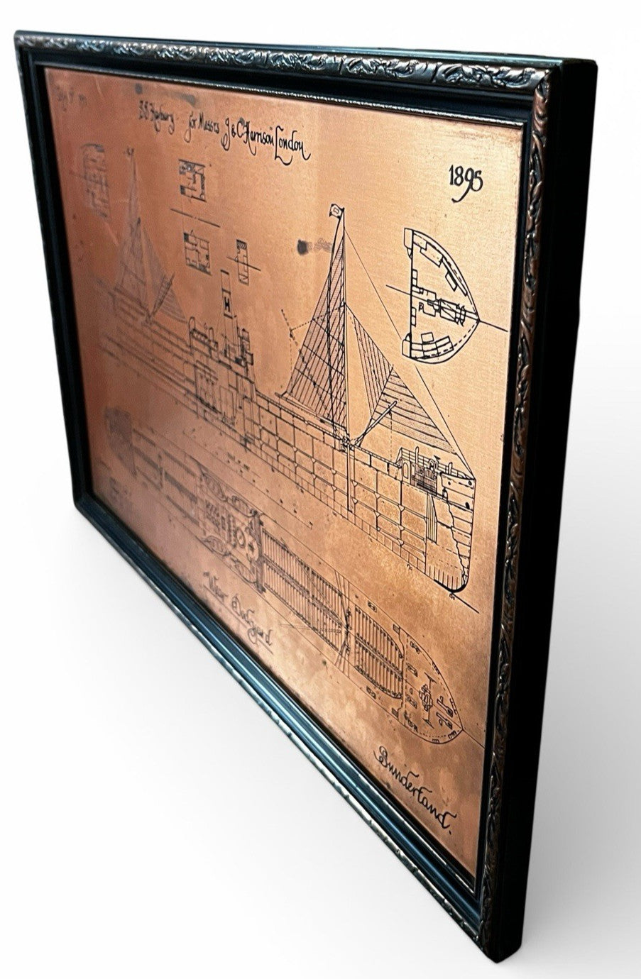 Antique Copper Engraving Ship Plan “S.S. Harbury” Wear Dockyard 1895