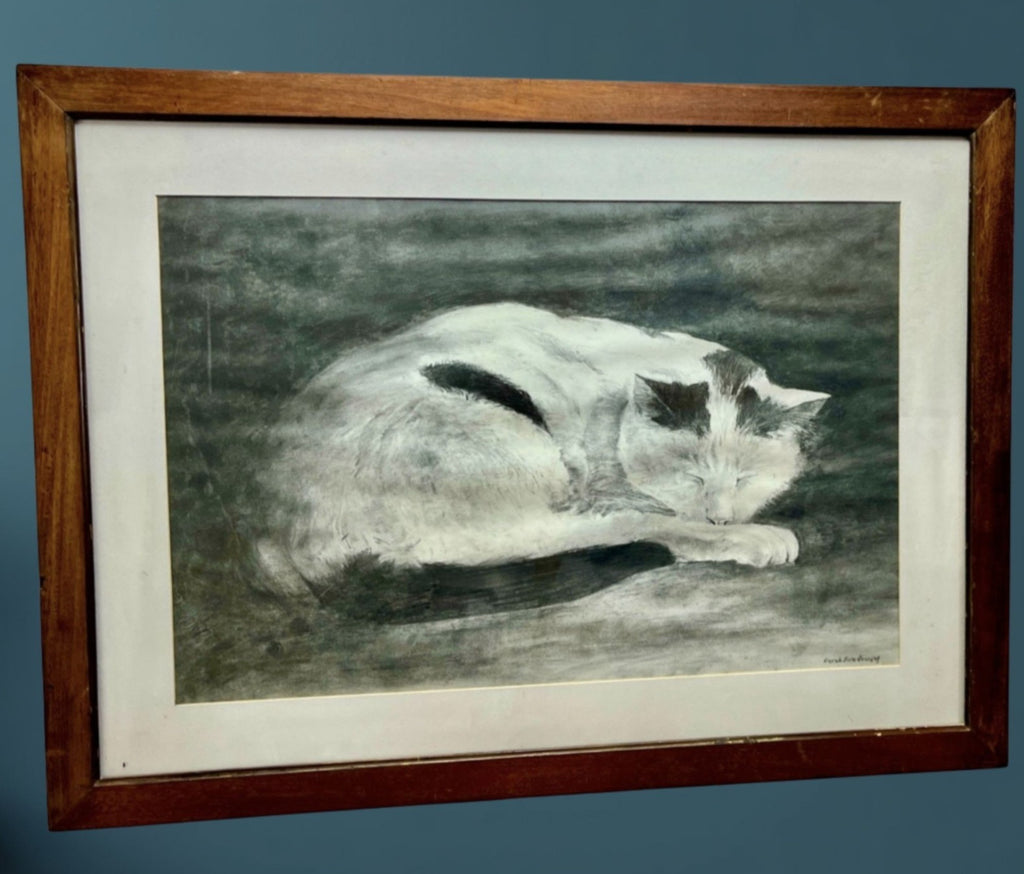 Derek Bradbury Signed Charcoal Drawing “Sleeping Cat” – Framed Original