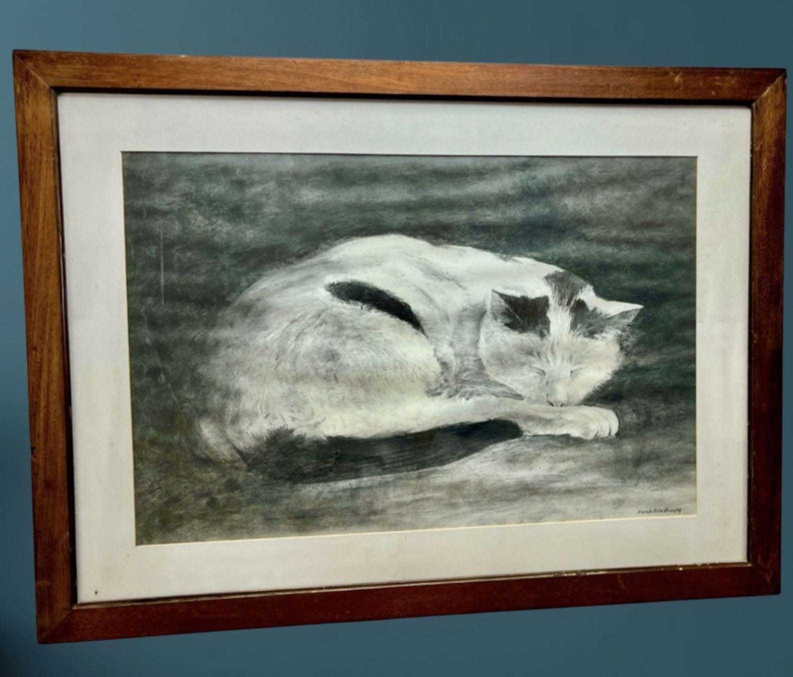 Derek Bradbury Signed Charcoal Drawing “Sleeping Cat” – Framed Original