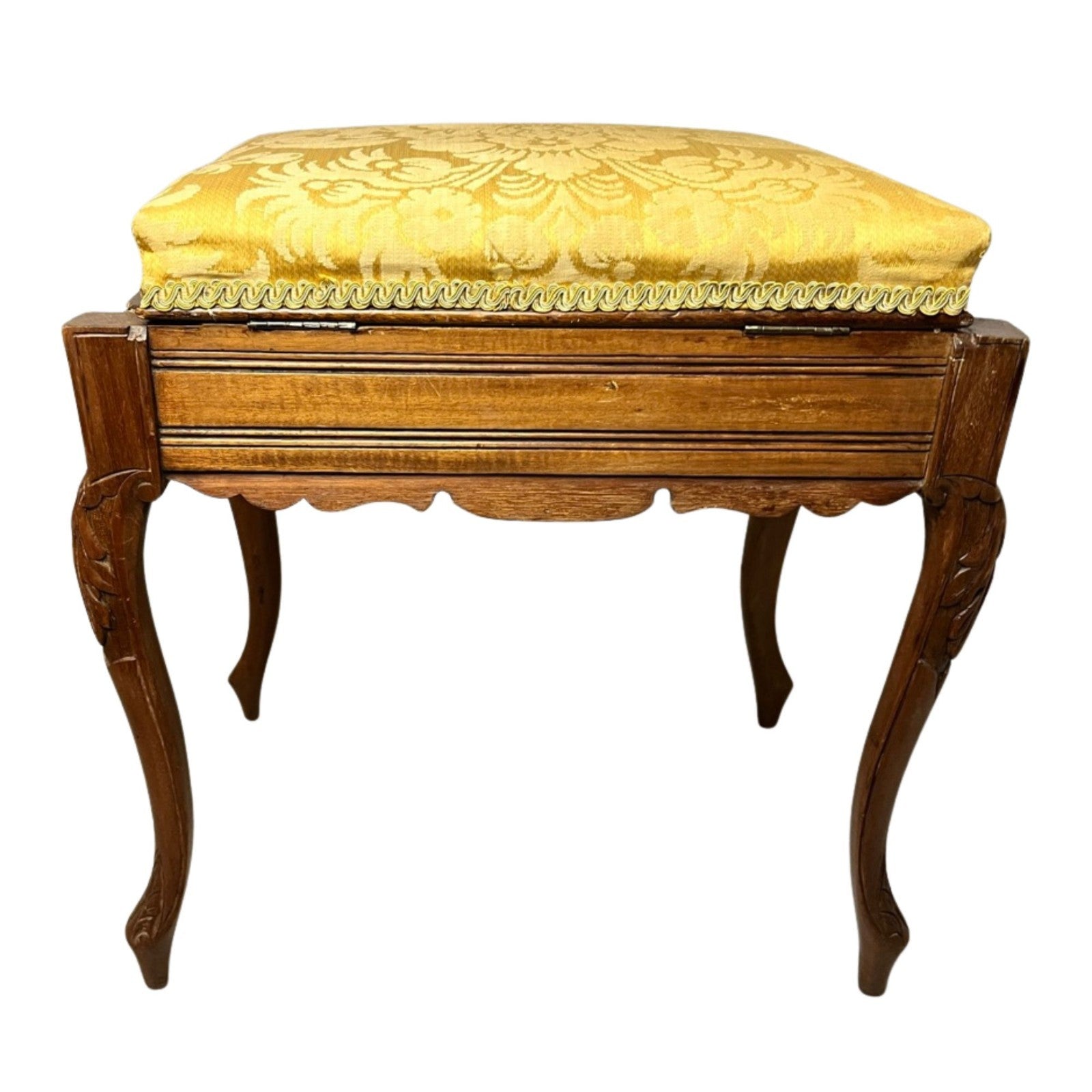 Vintage Carved Wooden Piano Stool With Storage Upholstered Seat Queen Anne Style