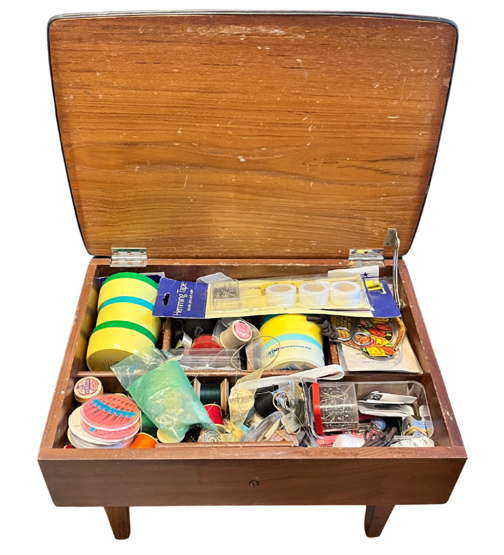 Vintage Wooden Sewing Box Stool / Ottoman With Storage & Full Vintage Contents