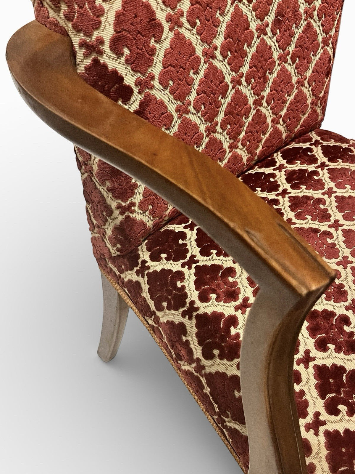 Antique Upholstered Armchair 93cm High 57cm Wide Red Pattern Fabric Wooden Frame