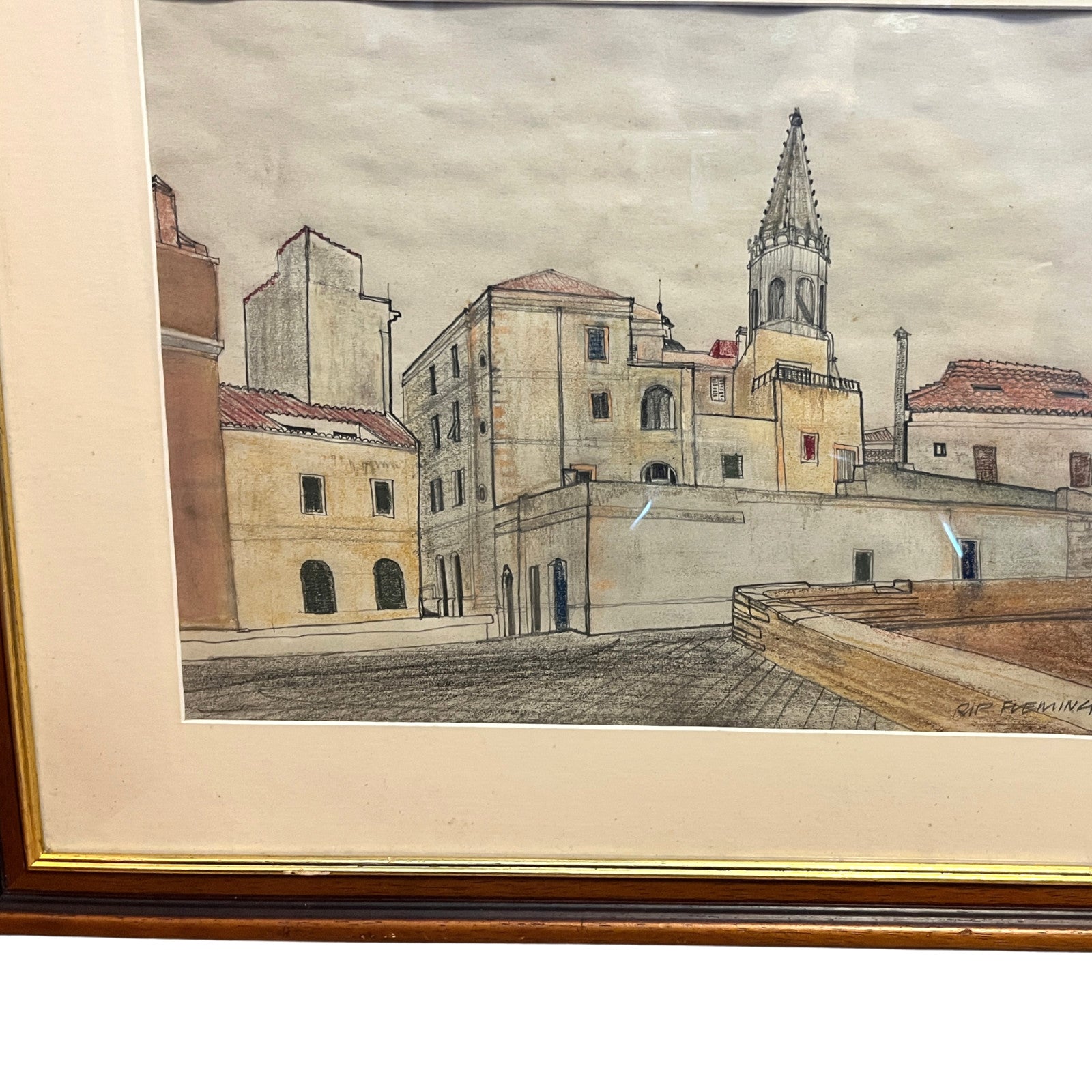 Vintage Rip Fleming Signed Architectural Drawing Framed Artwork 71x58cm