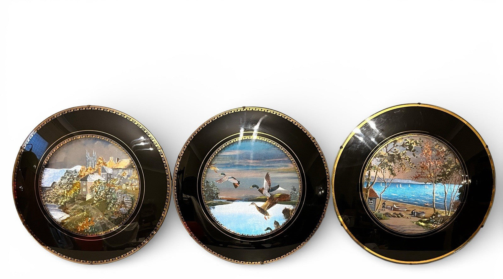Vintage Set of 9 Wall Plaques Black Gold Nature & Coastal Village Scenes Round