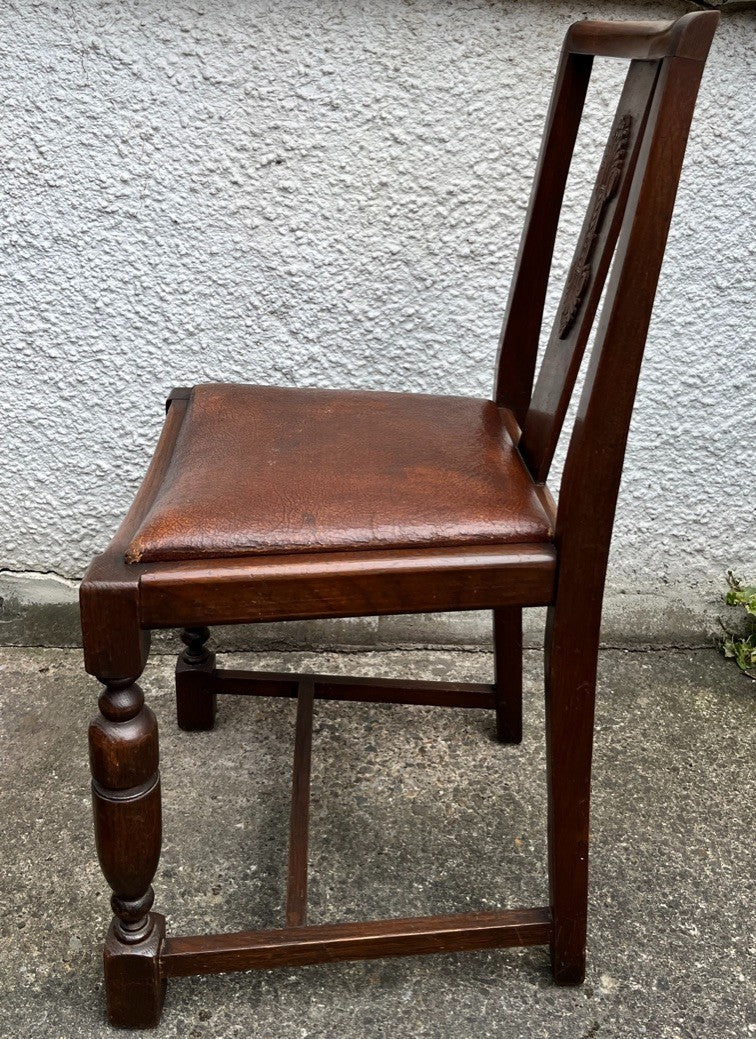 Pair Vintage Oak Dining Chairs Tudor Jacobean Farmhouse Carved Wooden Chairs