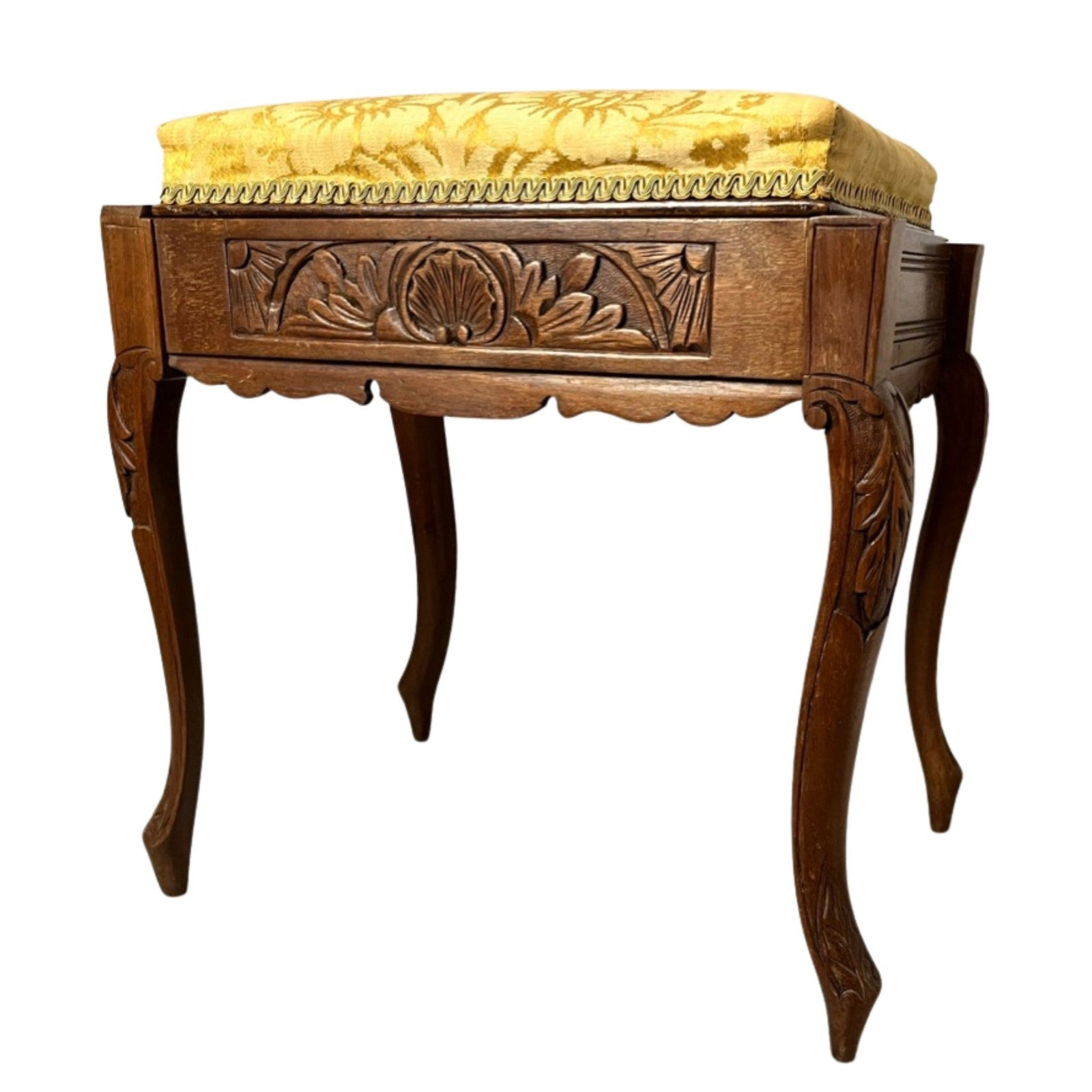 Vintage Carved Wooden Piano Stool With Storage Upholstered Seat Queen Anne Style