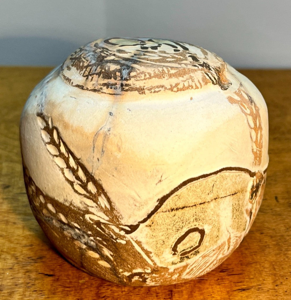 Raku Studio Pottery Cube Sculpture Bird Motif Smoke Fired Art Pot 10cm