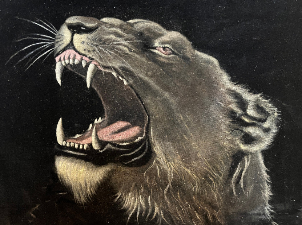 Fantastic vintage black velvet lioness painting bold retro 1970 lounge aesthetic