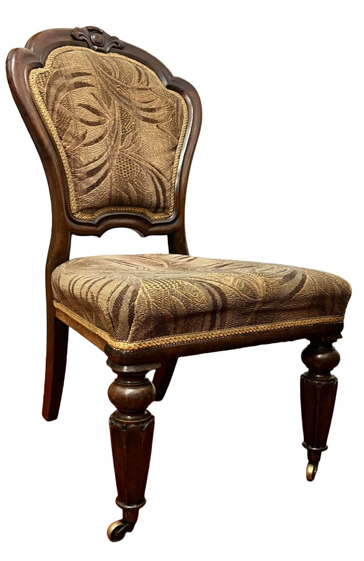 Vintage Upholstered Bedroom Chair Slipper Chair Wooden Carved Brass Castors 92cm