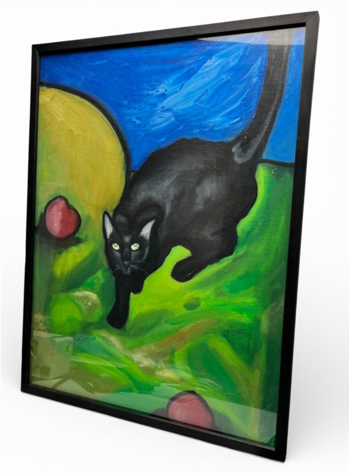 Original Black Cat Acrylic Painting Framed 62x48cm Vintage Art VGC