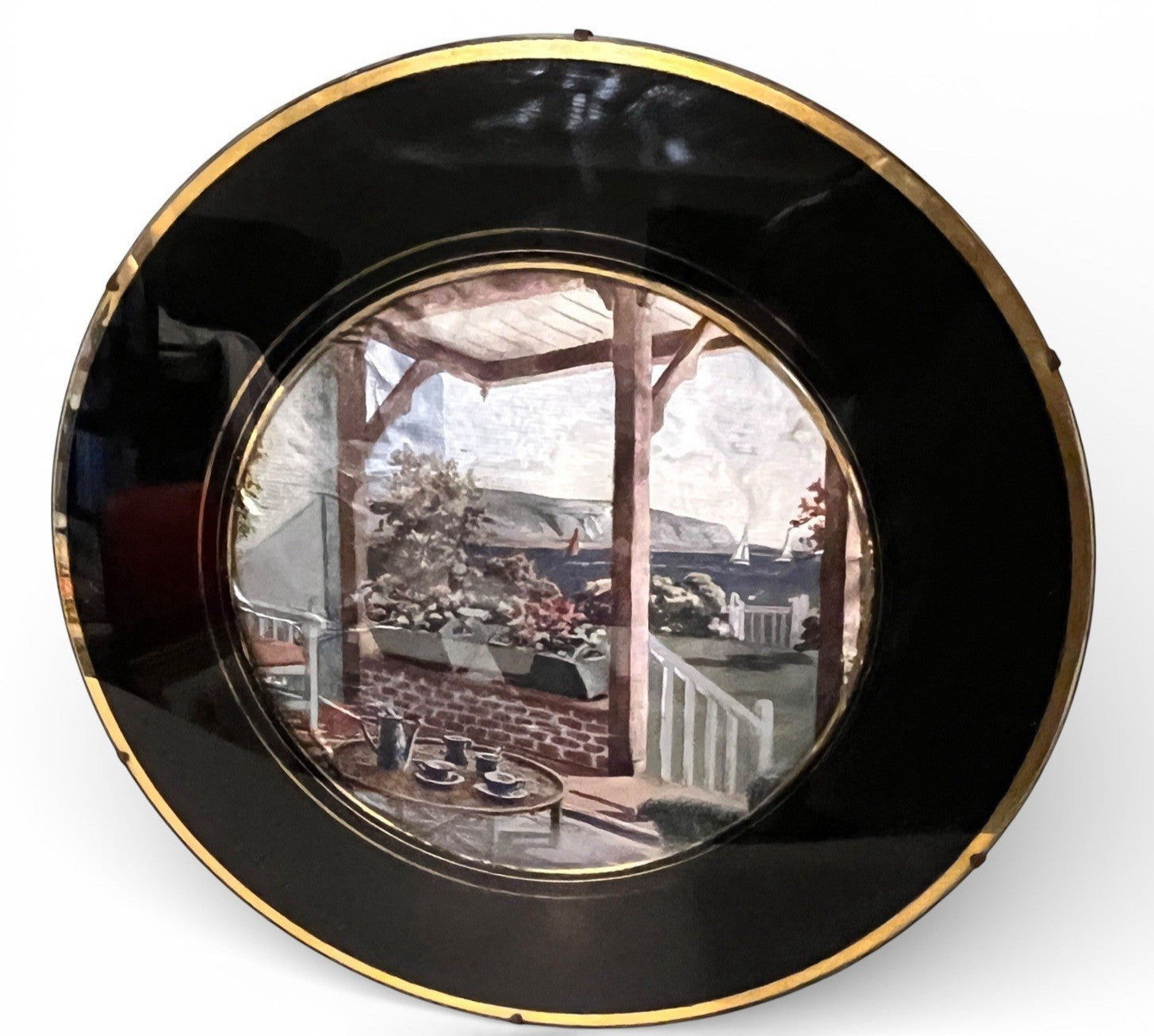 Vintage Set of 9 Wall Plaques Black Gold Nature & Coastal Village Scenes Round
