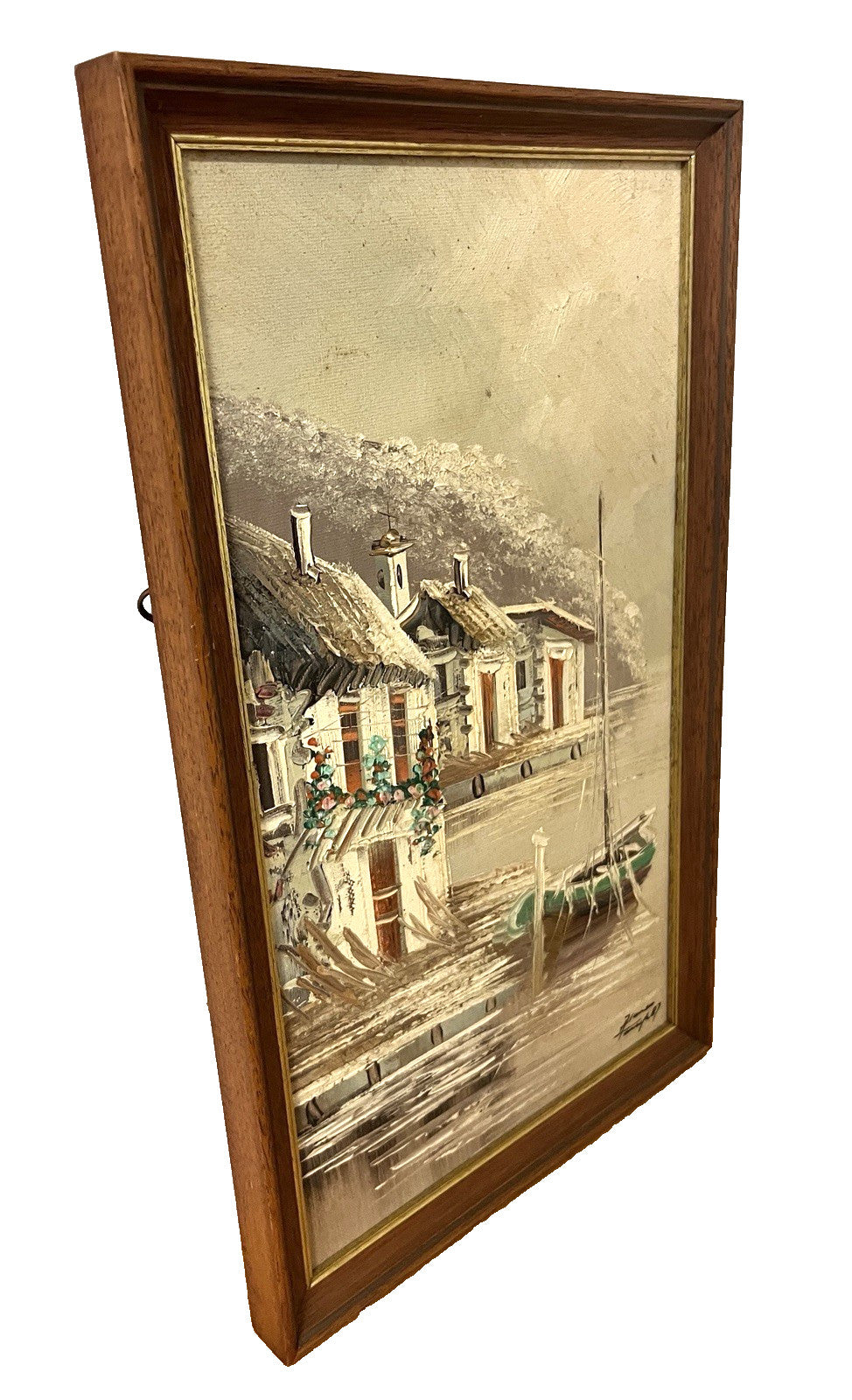 Signed Alonso ’87 Oil Painting Seaside Village Boat Scene Framed 22×36cm