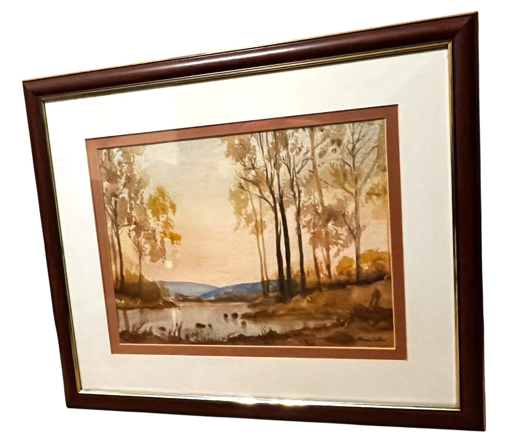 Evening Woodland Lake Watercolour Painting Framed 56x45cm Signed N. Jackson