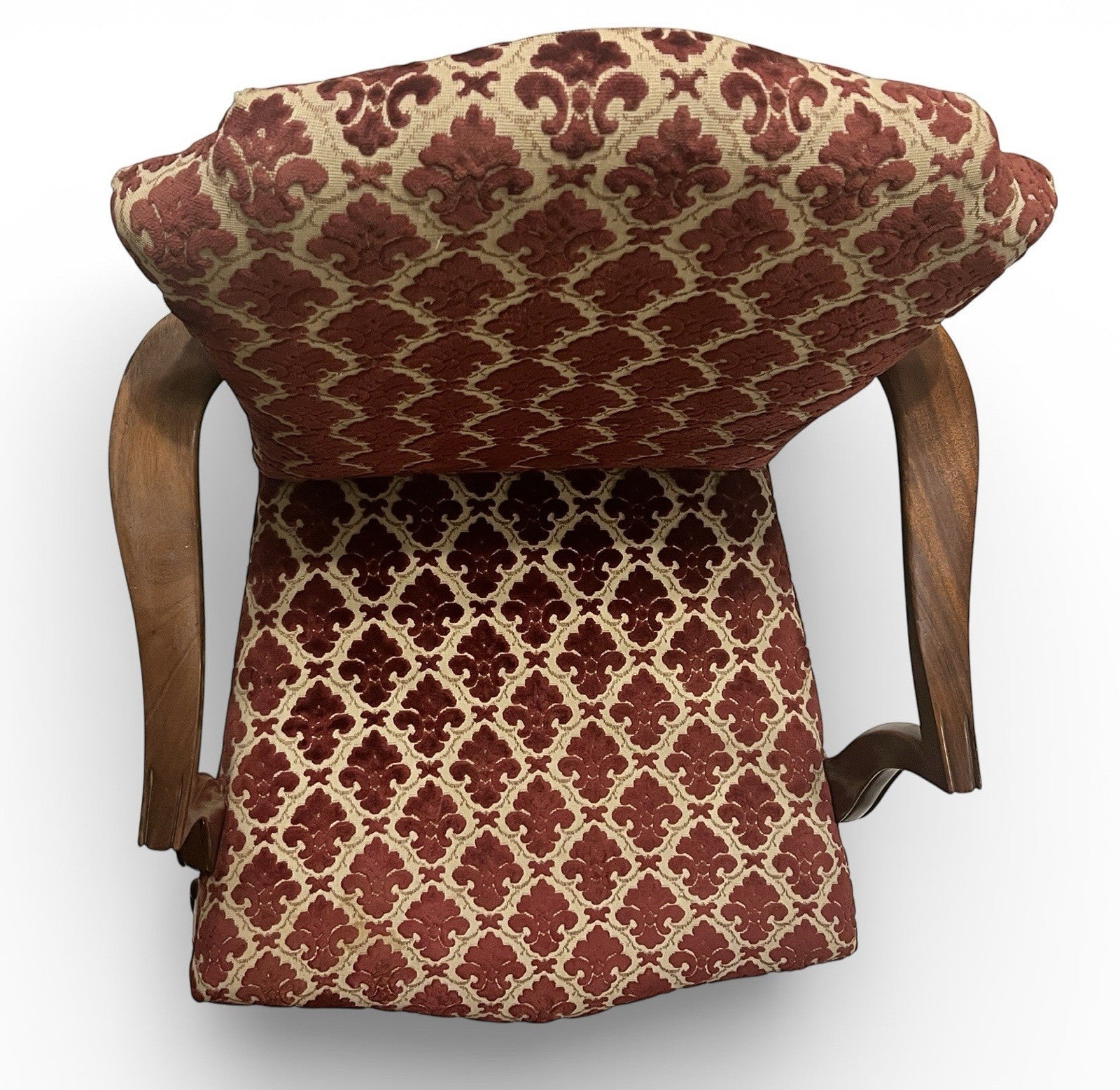 Antique Upholstered Armchair 93cm High 57cm Wide Red Pattern Fabric Wooden Frame