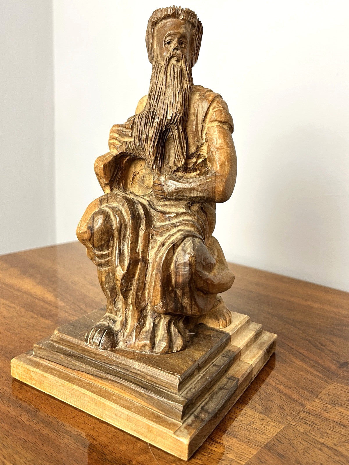 Vintage Olive Wood Moses Sculpture Figure – Hand Carved Religious Statue