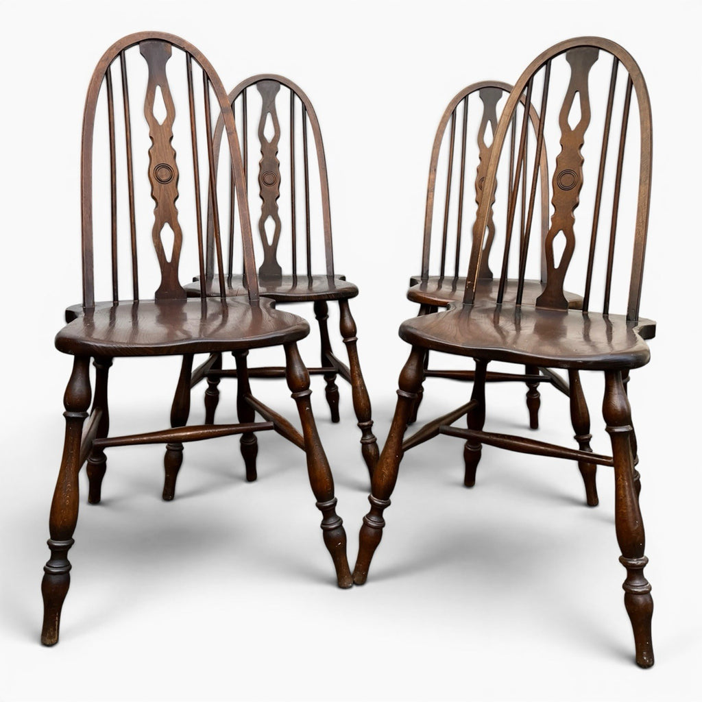 Vintage Set of Four Dark Oak Wheel Back Chairs