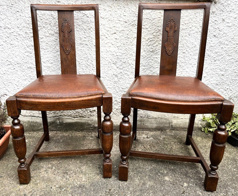 Pair Vintage Oak Dining Chairs Tudor Jacobean Farmhouse Carved Wooden Chairs
