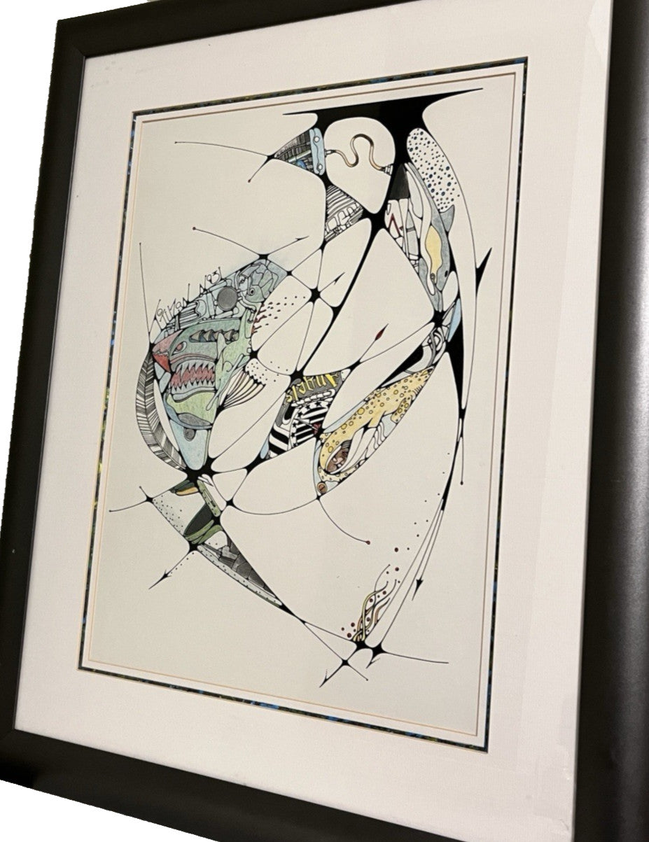 Framed Abstract Drawing Signed Tuzan N93 Colourful Surreal Art Design | 71x58cm