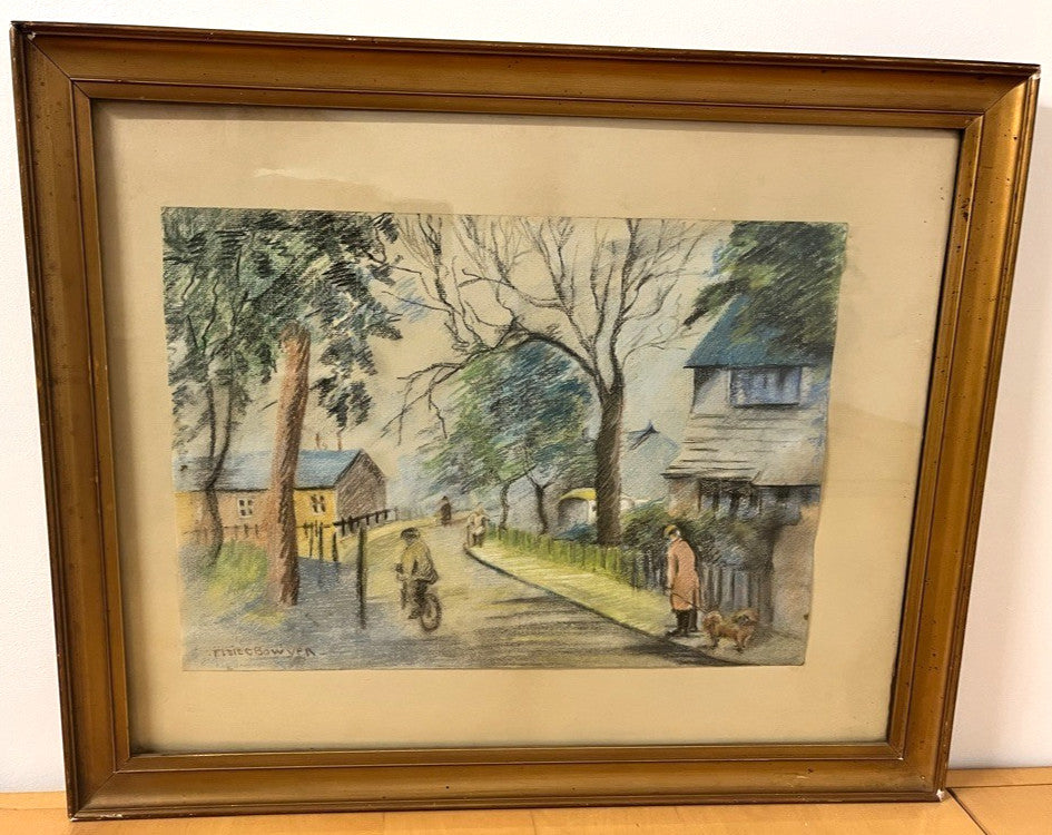 Vintage Signed Pastel Art by Elsie Bowyer – Framed Village Street Scene 60x49cm