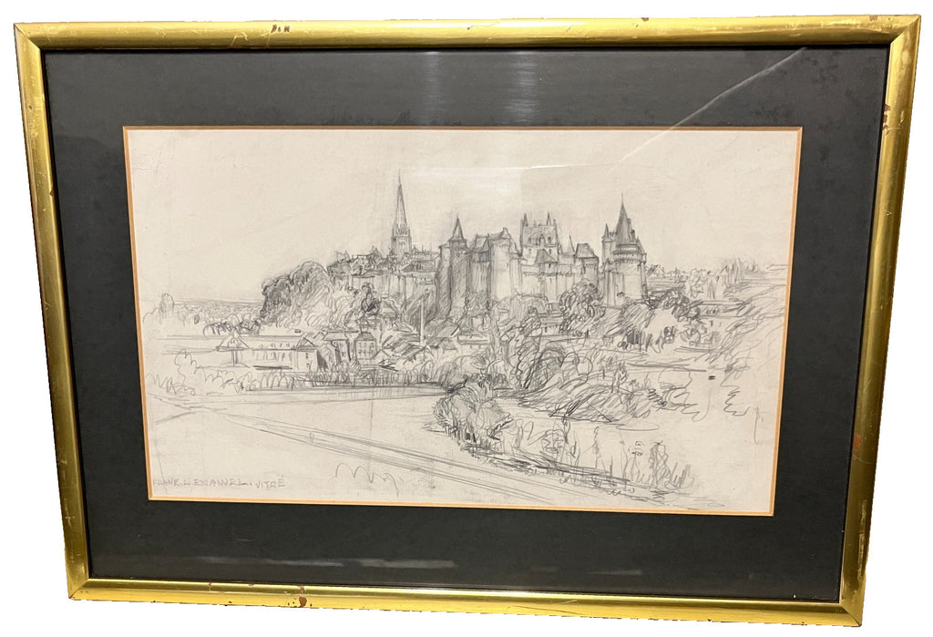 Framed Pencil Sketch By Frank L. Emanuel Drawing Vitré 44x31cm French Town