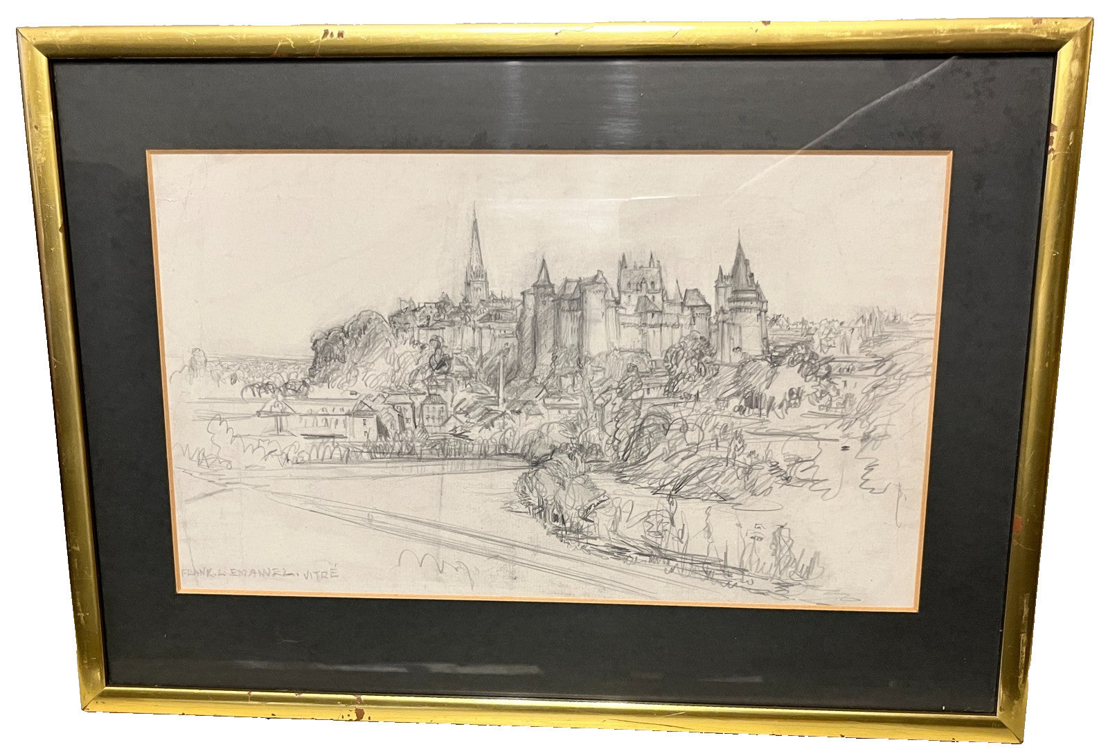 Framed Pencil Sketch By Frank L. Emanuel Drawing Vitré 44x31cm French Town