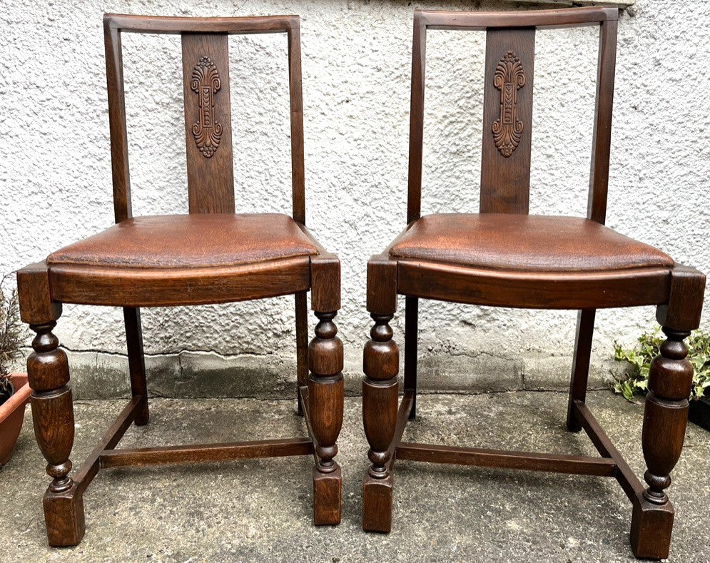 Pair Vintage Oak Dining Chairs Tudor Jacobean Farmhouse Carved Wooden Chairs