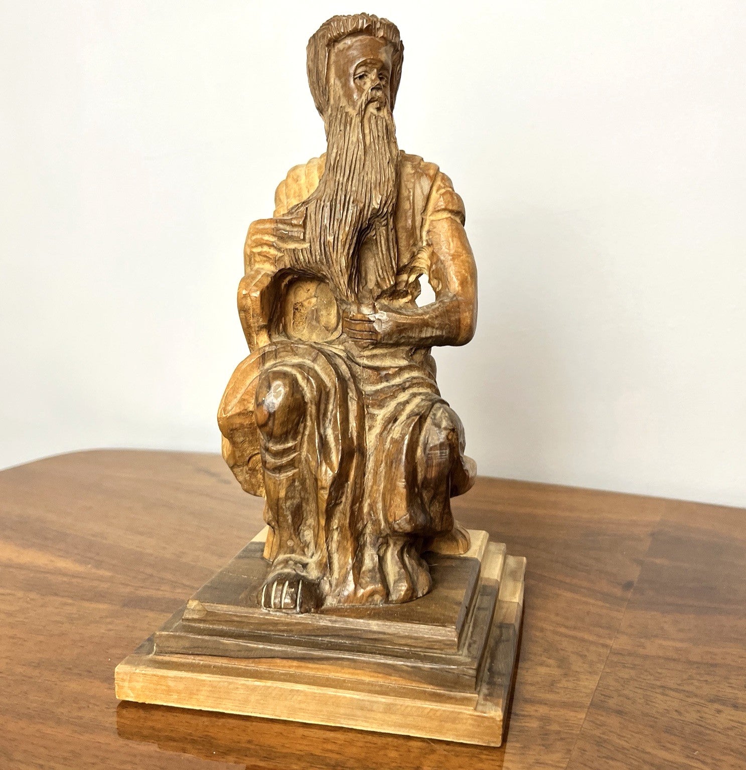 Vintage Olive Wood Moses Sculpture Figure – Hand Carved Religious Statue