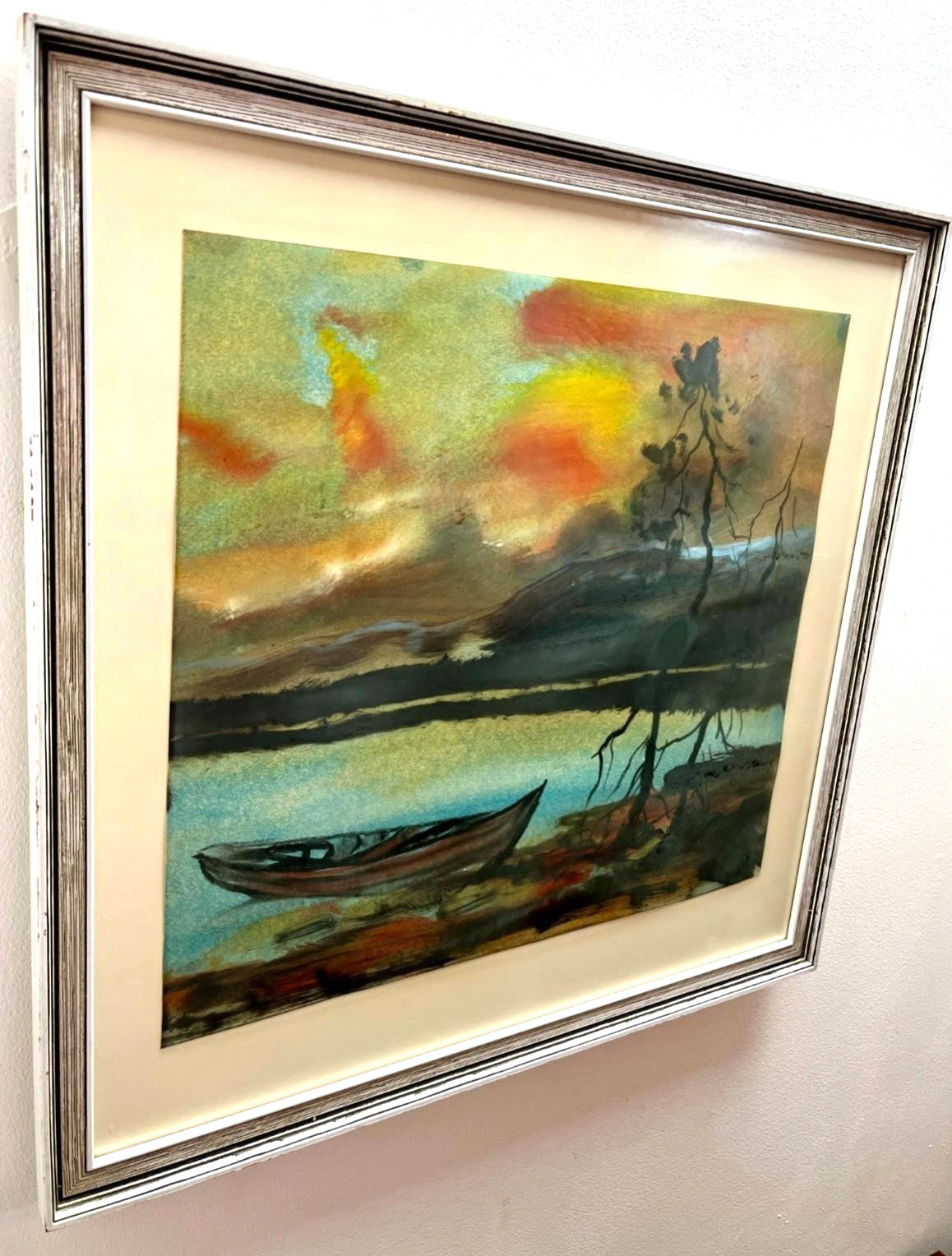 Vintage Watercolour Lake Boat Sunset Landscape Painting Framed Wall Art 49cm