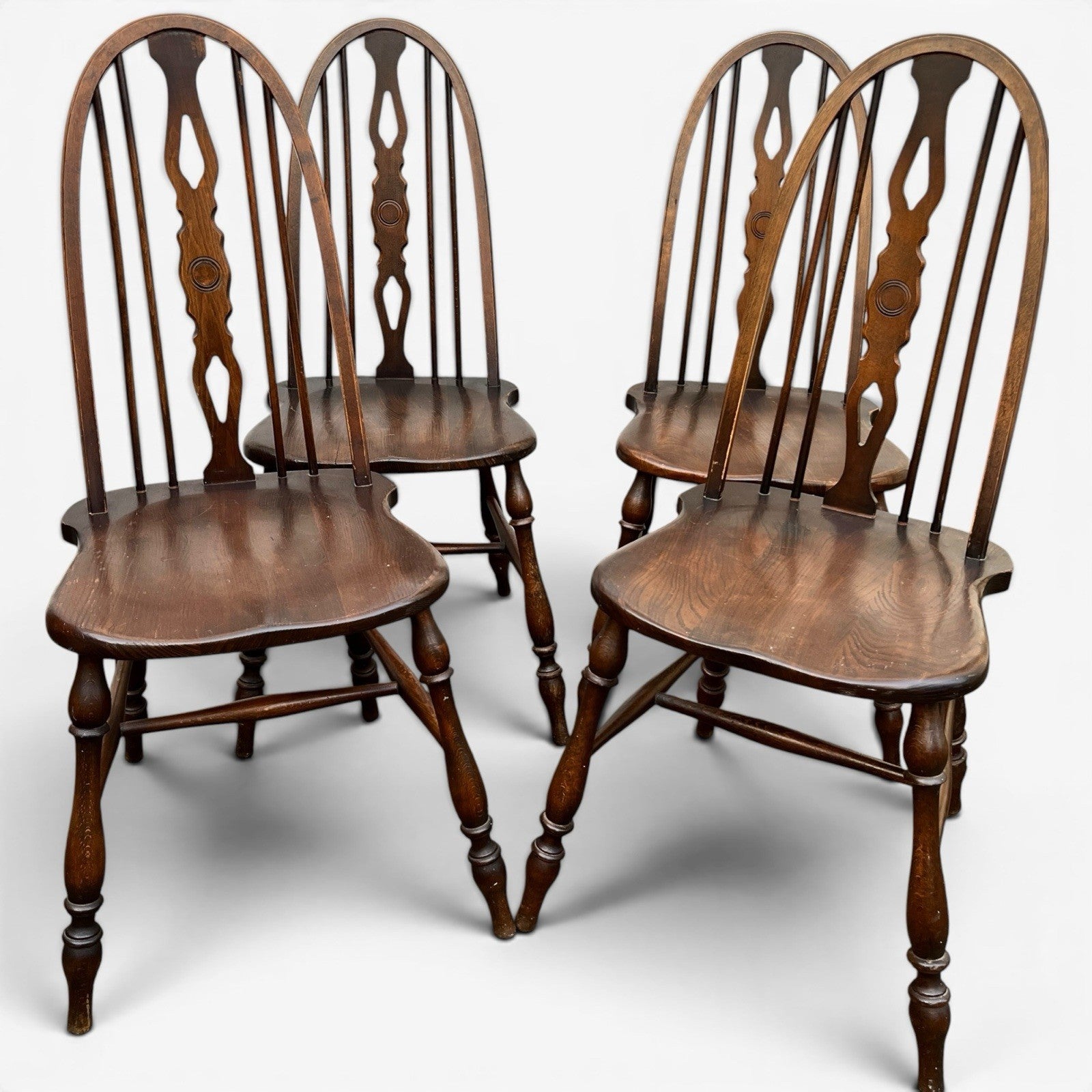 Vintage Set of Four Dark Oak Wheel Back Chairs