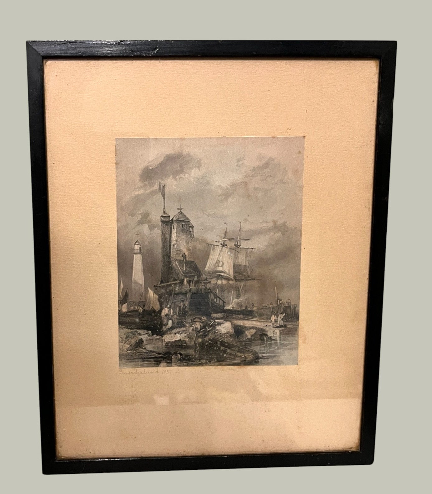 1837 Sunderland Lighthouse South Pier Etching Print Antique Framed 29cm